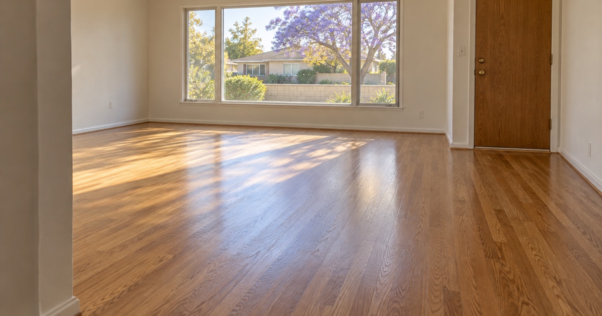 Refinished red oak strip floor in the front room of a 1950s stucco tract house in Baldwin Park, afternoon light falling across the boards.
