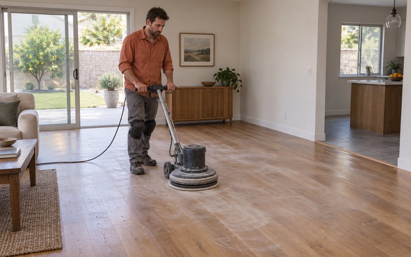 Worker lightly screening a worn engineered oak floor with a floor buffer in a Baldwin Park home, keeping the thin wear layer intact.