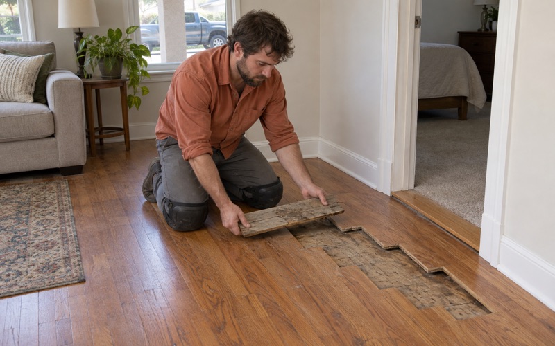 Worker lifting a split oak board out of a Baldwin Park floor, the opening already cut in staggered steps so new boards weave in with no straight seam.