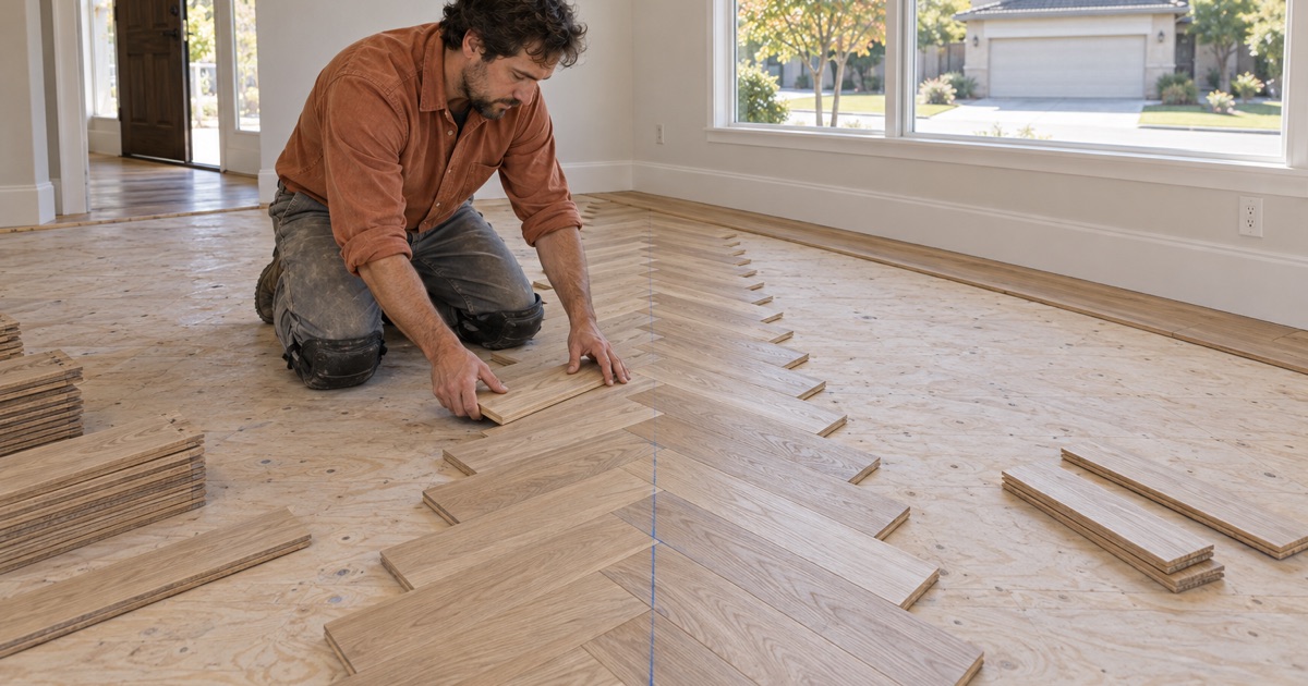 Worker setting white oak herringbone slats along a centerline in a Baldwin Park living room, a straight border board framing the pattern.