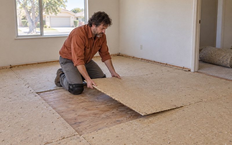 Worker lifting old particleboard underlayment off the plywood subfloor in a Baldwin Park room after the carpet was pulled, clearing the way for a new wood floor.