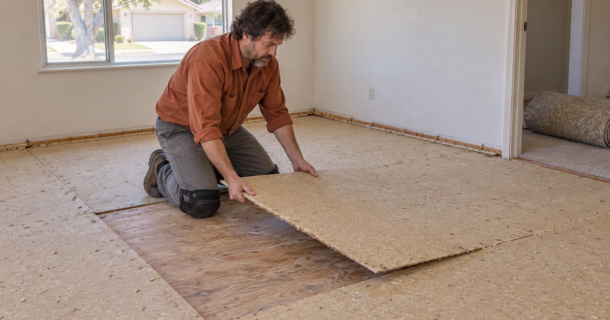 Worker lifting old particleboard underlayment off the plywood subfloor in a Baldwin Park room after the carpet was pulled, clearing the way for a new wood floor.