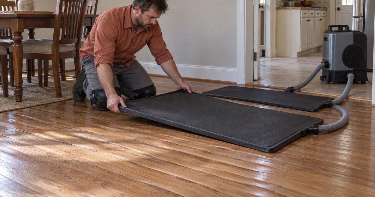 Worker placing a drying mat over cupped oak boards in a Baldwin Park kitchen doorway after a dishwasher leak.
