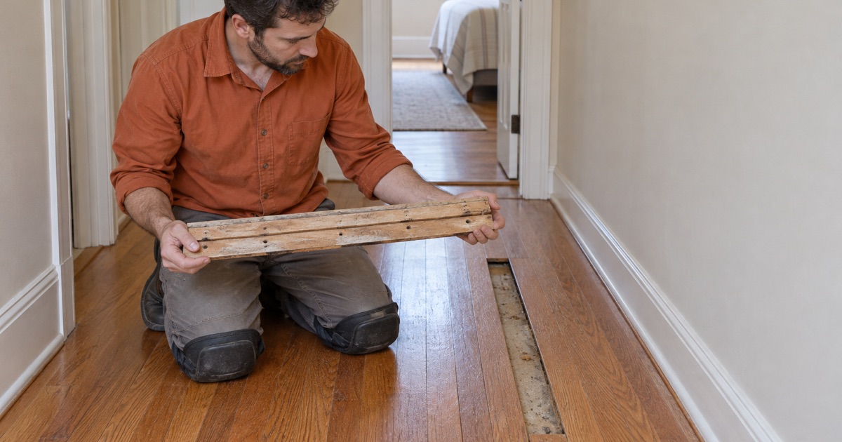 Worker holding up a damaged oak board lifted from a Baldwin Park floor, its underside showing the tunnels left by wood-boring insects.