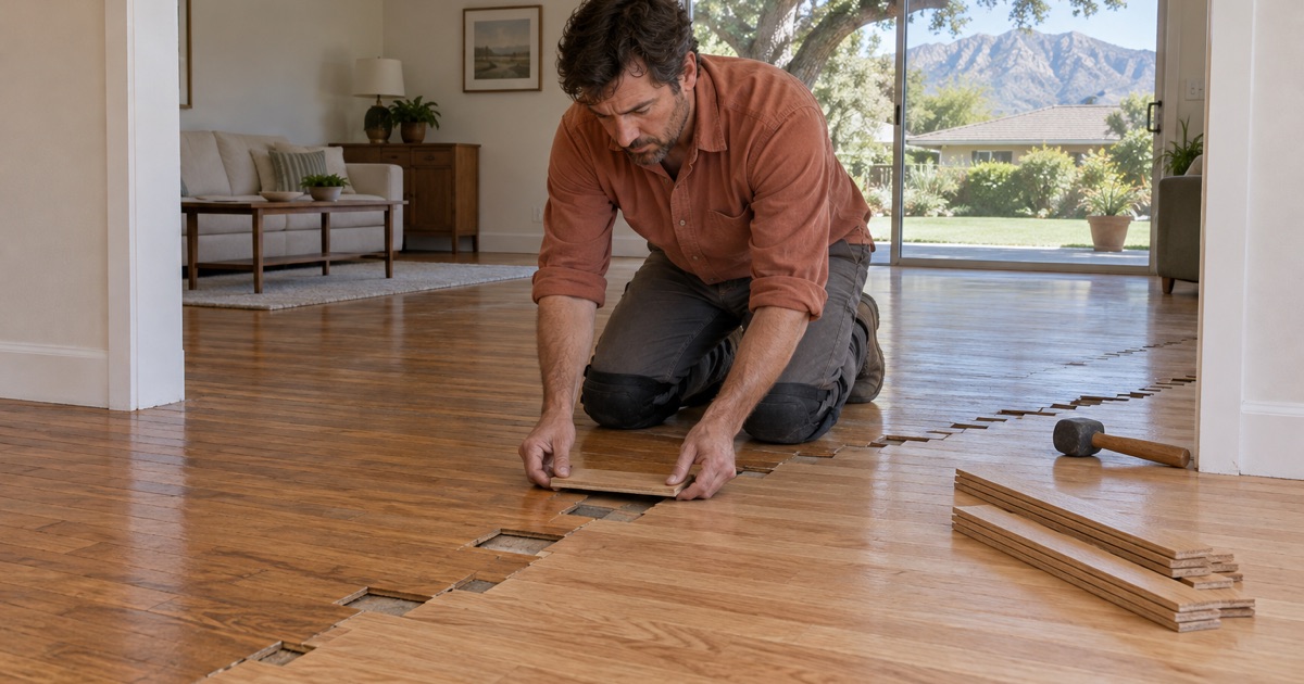 Worker lacing a new oak strip into the seam where a 1950s floor meets a newer addition’s floor in an Arcadia ranch house.