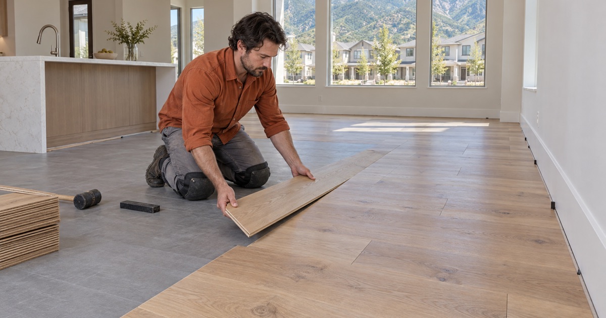 Worker lowering a wide engineered oak plank into place in the open-plan living room of a newer attached home in Azusa.