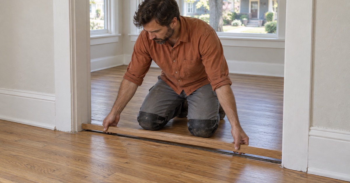 Worker fitting a narrow oak filler strip where an enclosed porch was joined to the front room of an early-1900s cottage in Covina.