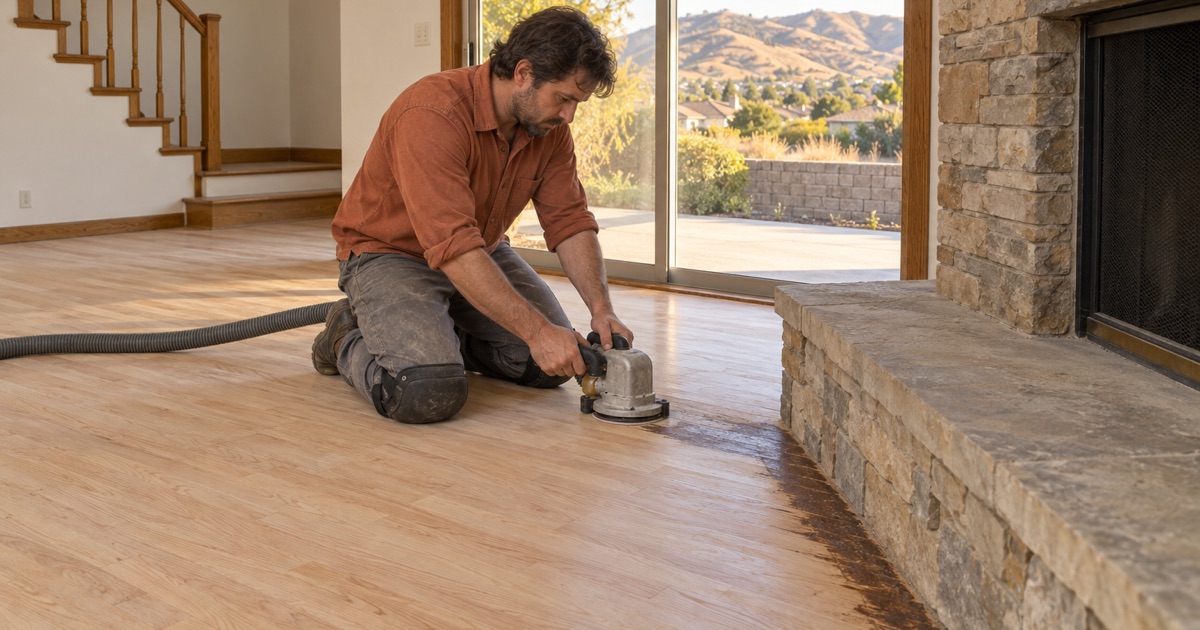 Worker edging an oak floor along a stone fireplace in a 1970s house in Hacienda Heights, the Puente Hills beyond the window.