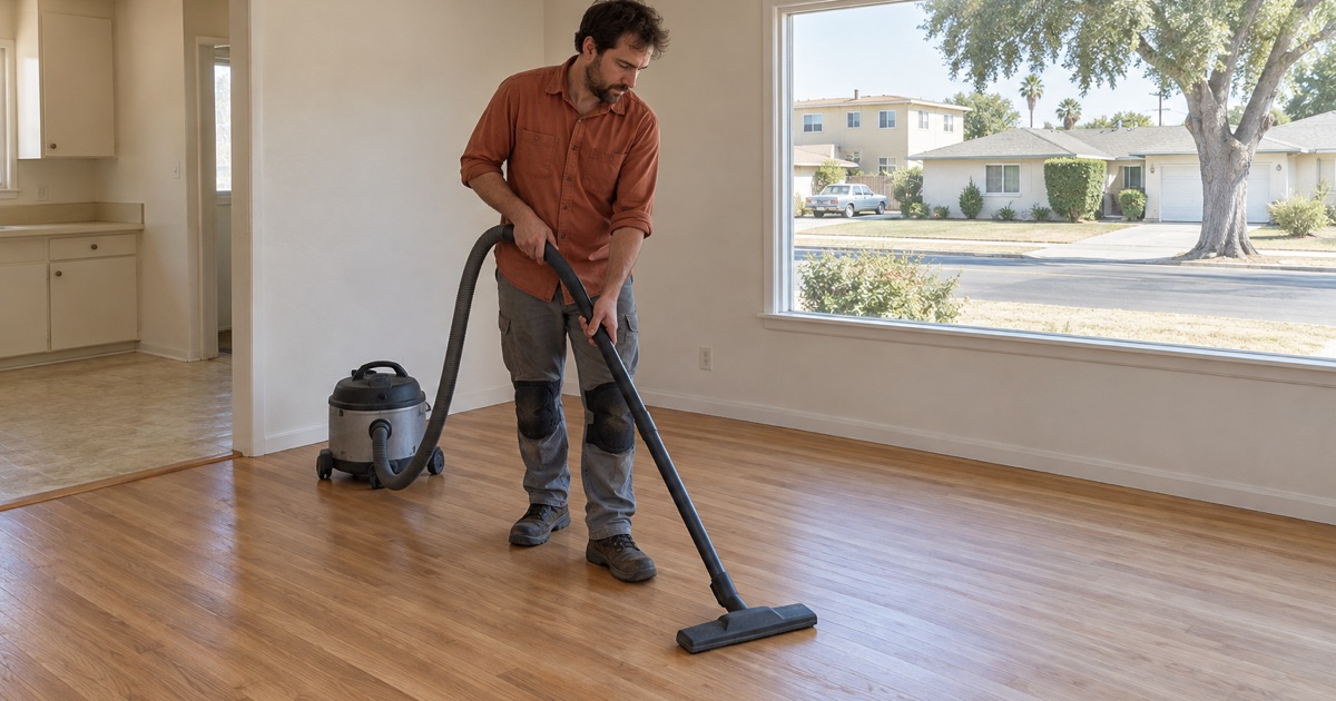 Worker vacuuming sanded oak strip flooring between coats in the living room of a 1950s tract house in La Puente.