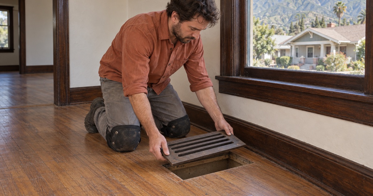 Worker lifting a floor register cover out of an oak floor in a prewar Monrovia bungalow to read the board profile at the cut edge.