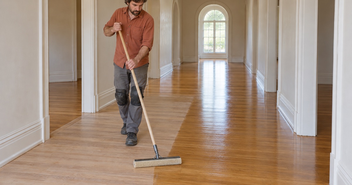 Worker walking a wide finish applicator backwards down the oak floor of a long hall in a Period Revival house in San Marino.