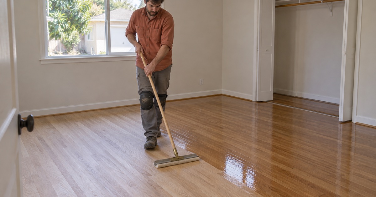 Worker drawing a finish applicator backwards across a sanded oak bedroom floor in a rented 1950s house in Temple City.