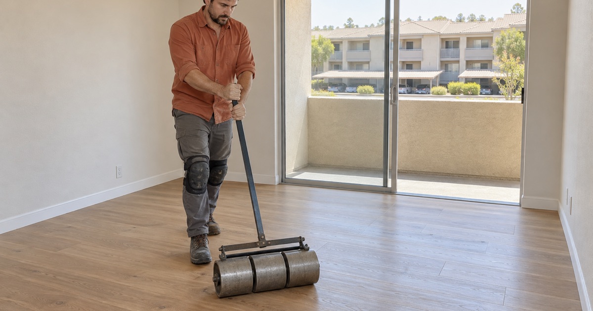 Worker pressing new glue-down engineered oak with a weighted floor roller in an empty unit of a large West Covina apartment building.